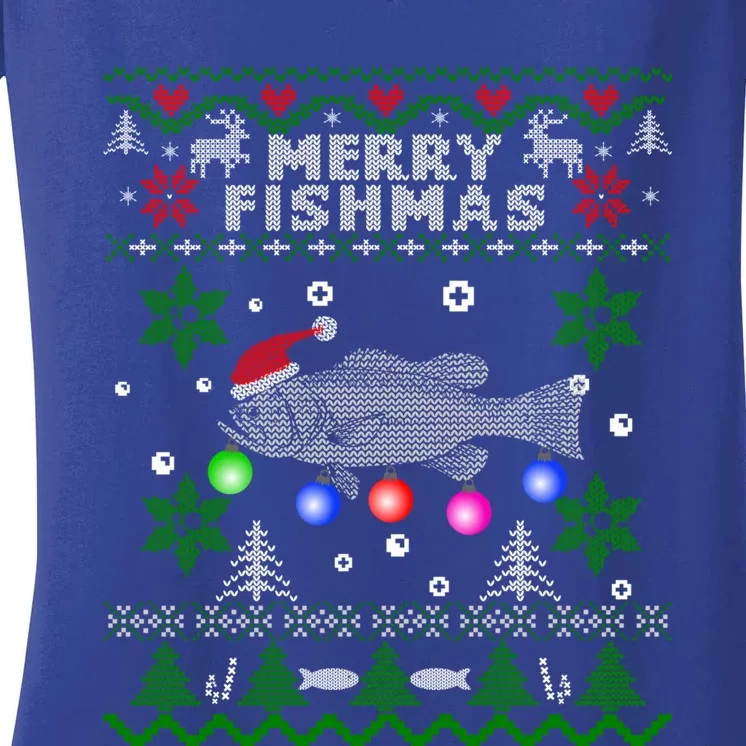 Merry Fishmas Ugly Christmas Fishing Funny Gift Large Mouth Bass Gift Women's V-Neck T-Shirt