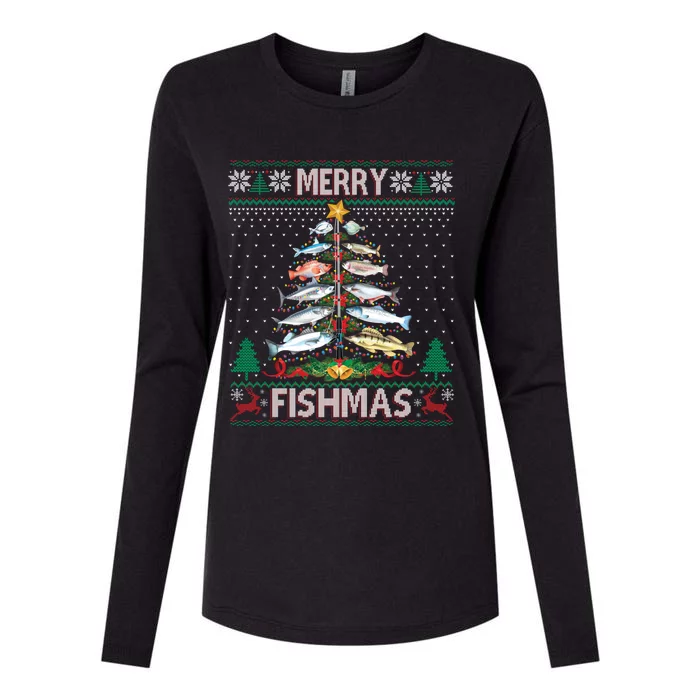 Merry Fishmas Ugly Sweater Fish Fishing Rod Christmas Tree Gift Womens Cotton Relaxed Long Sleeve T-Shirt