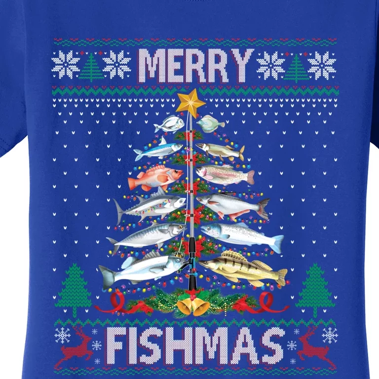 Merry Fishmas Ugly Sweater Fish Fishing Rod Christmas Tree Gift Women's T-Shirt