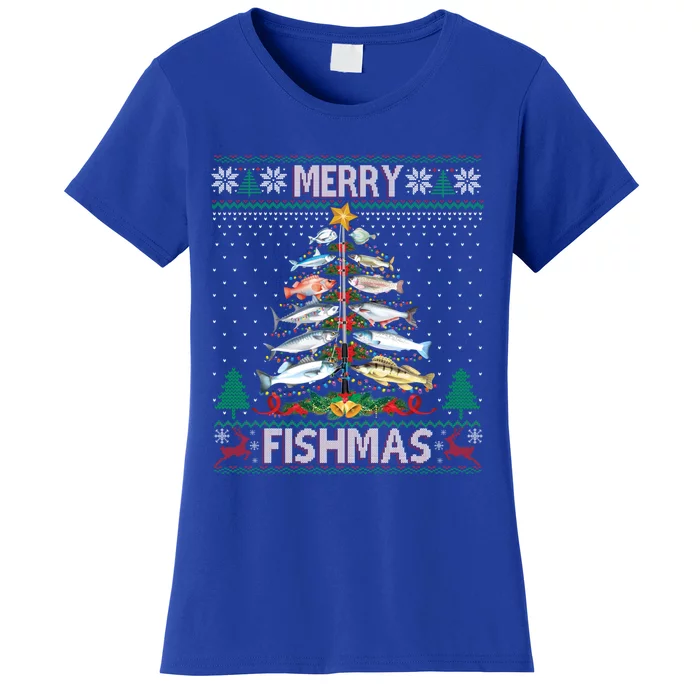 Merry Fishmas Ugly Sweater Fish Fishing Rod Christmas Tree Gift Women's T-Shirt