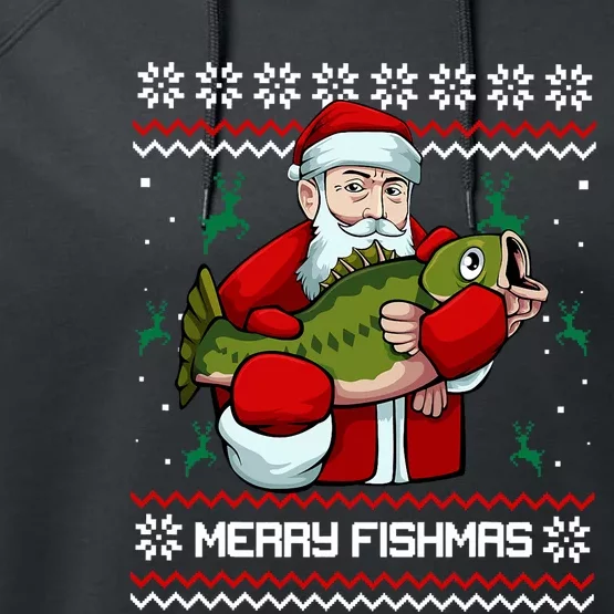 Merry Fishmas Ugly Christmas Pajama Santa Bass Fishing Xmas Performance Fleece Hoodie