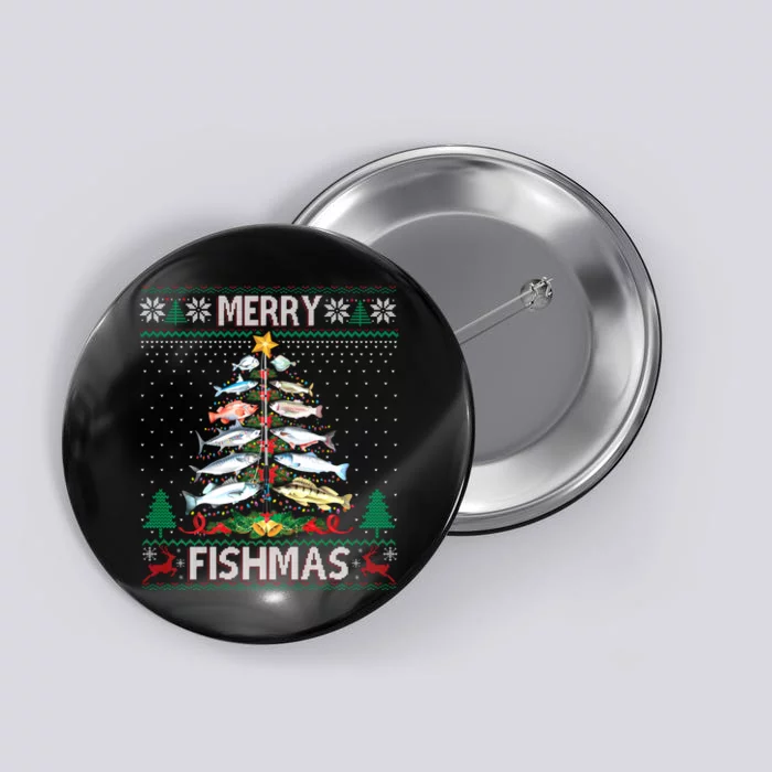 Merry Fishmas Ugly Sweater Fish Fishing Rod Christmas Tree Sweat Button