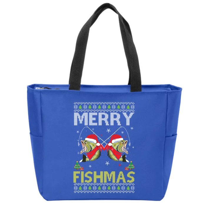 Merry Fishmas Ugly Christmas Funny Fishing Large Mouth Bass Gift Zip Tote Bag