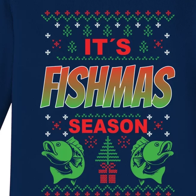 Merry Fishmas Ugly Sweater Bass Fishing Christmas Gift Baby Long Sleeve Bodysuit