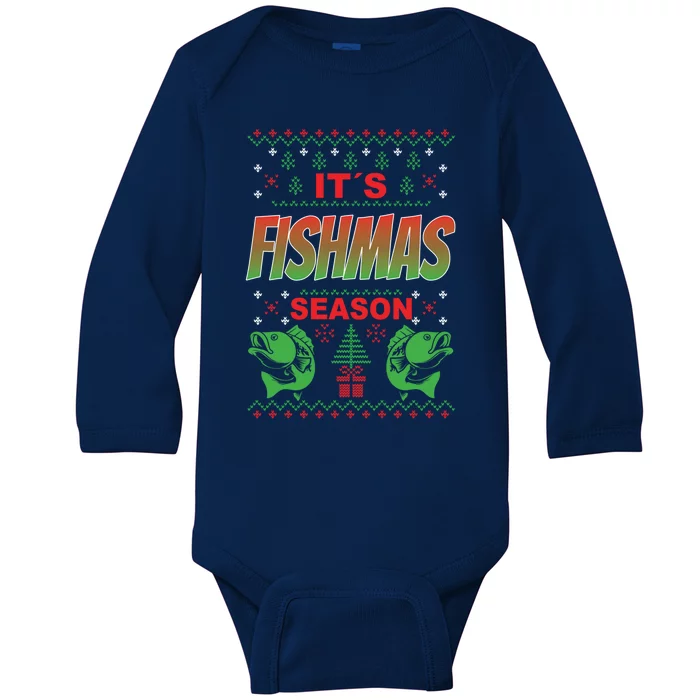 Merry Fishmas Ugly Sweater Bass Fishing Christmas Gift Baby Long Sleeve Bodysuit