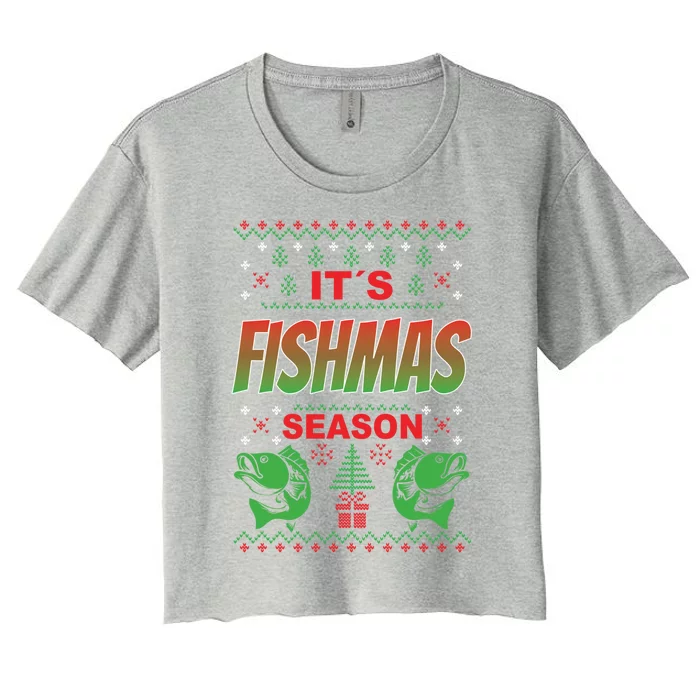 Merry Fishmas Ugly Sweater Bass Fishing Christmas Gift Women's Crop Top Tee