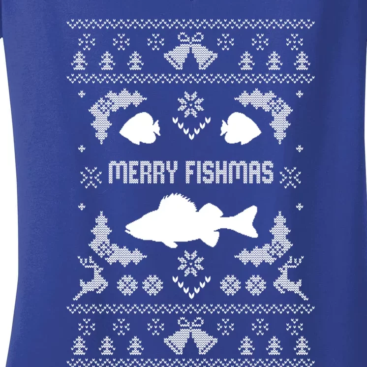 Merry Fishmas Ugly Fishing Christmas Bass Fish Xmas Gift Women's V-Neck T-Shirt