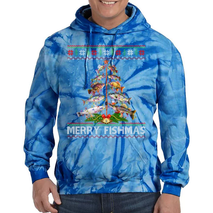 Merry Fishmas Ugly Sweater Fish Fishing Christmas Tree Gift Tie Dye Hoodie