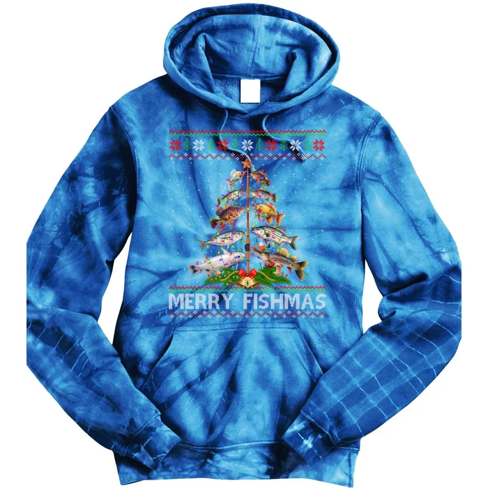 Merry Fishmas Ugly Sweater Fish Fishing Christmas Tree Gift Tie Dye Hoodie