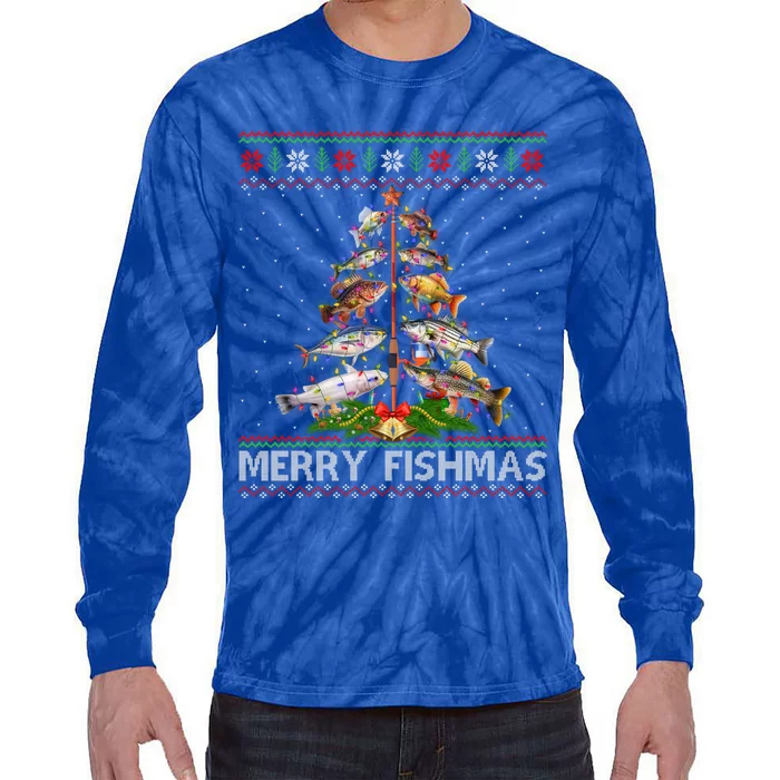 Merry Fishmas Ugly Sweater Fish Fishing Christmas Tree Gift Tie-Dye Long Sleeve Shirt