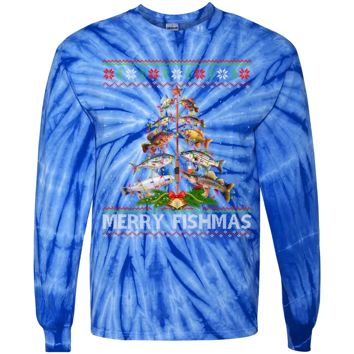 Merry Fishmas Ugly Sweater Fish Fishing Christmas Tree Gift Tie-Dye Long Sleeve Shirt