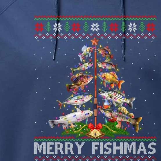 Merry Fishmas Ugly Sweater Fish Fishing Christmas Tree Gift Performance Fleece Hoodie