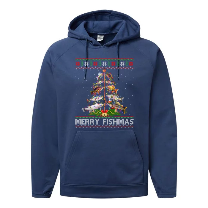 Merry Fishmas Ugly Sweater Fish Fishing Christmas Tree Gift Performance Fleece Hoodie