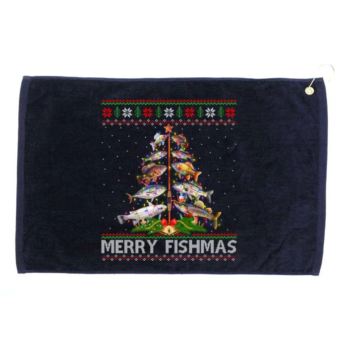 Merry Fishmas Ugly Sweater Fish Fishing Christmas Tree Gift Grommeted Golf Towel