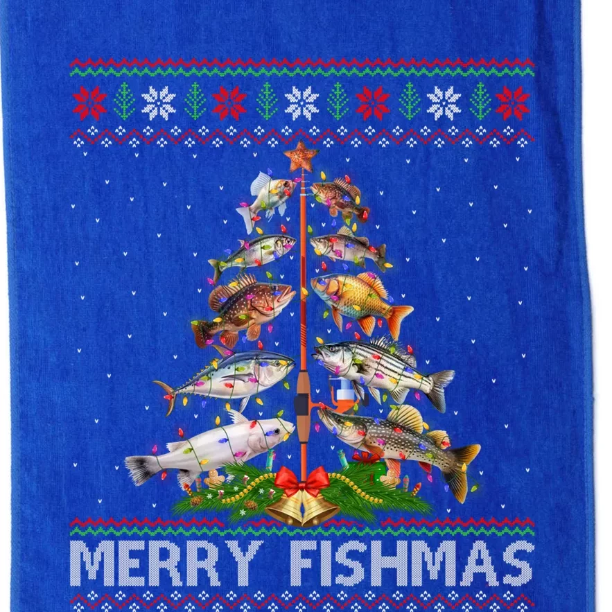 Merry Fishmas Ugly Sweater Fish Fishing Christmas Tree Gift Platinum Collection Golf Towel