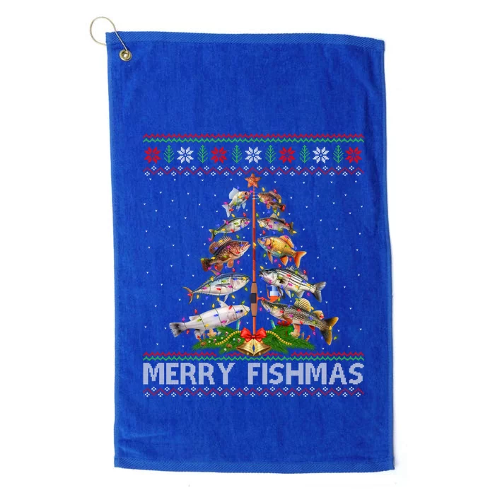 Merry Fishmas Ugly Sweater Fish Fishing Christmas Tree Gift Platinum Collection Golf Towel