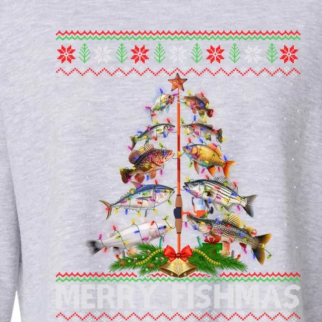 Merry Fishmas Ugly Sweater Fish Fishing Christmas Tree Gift Cropped Pullover Crew