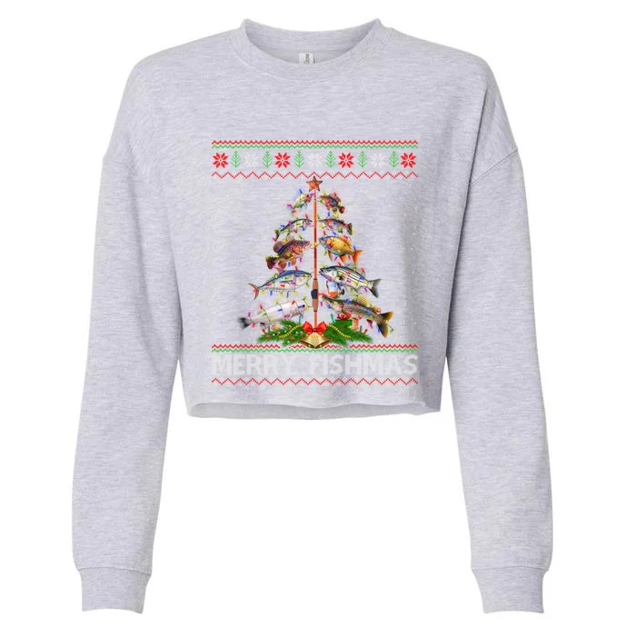 Merry Fishmas Ugly Sweater Fish Fishing Christmas Tree Gift Cropped Pullover Crew