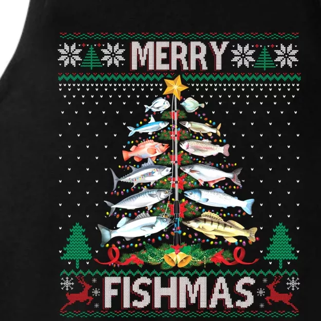 Merry Fishmas Ugly Sweater Fish Fishing Rod Christmas Tree Gift Ladies Tri-Blend Wicking Tank