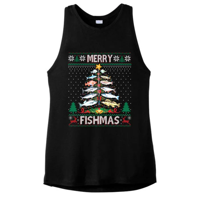 Merry Fishmas Ugly Sweater Fish Fishing Rod Christmas Tree Gift Ladies Tri-Blend Wicking Tank