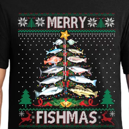 Merry Fishmas Ugly Sweater Fish Fishing Rod Christmas Tree Gift Pajama Set