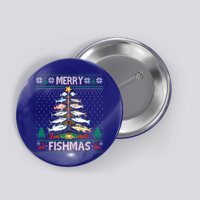 Merry Fishmas Ugly Sweater Fish Fishing Rod Christmas Tree Gift Button