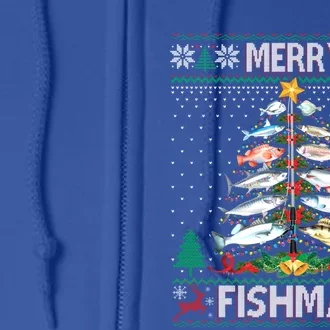 Merry Fishmas Ugly Sweater Fish Fishing Rod Christmas Tree Gift Full Zip Hoodie