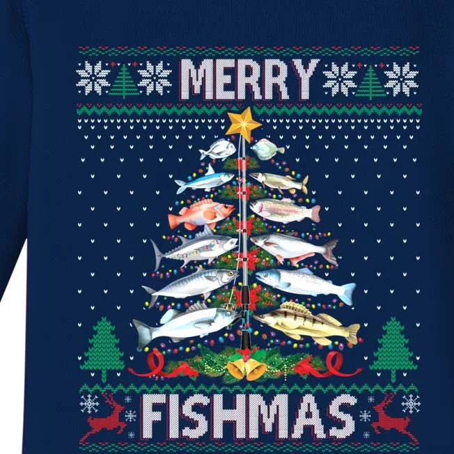 Merry Fishmas Ugly Sweater Fish Fishing Rod Christmas Tree Gift Baby Long Sleeve Bodysuit