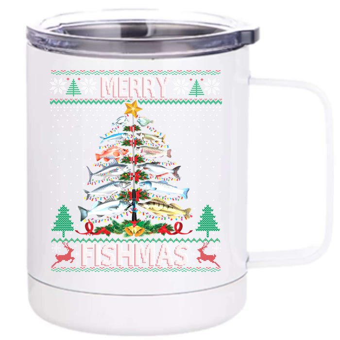 Merry Fishmas Ugly Sweater Fish Fishing Rod Christmas Tree Gift Front & Back 12oz Stainless Steel Tumbler Cup