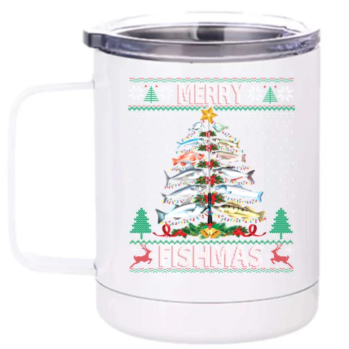 Merry Fishmas Ugly Sweater Fish Fishing Rod Christmas Tree Gift Front & Back 12oz Stainless Steel Tumbler Cup