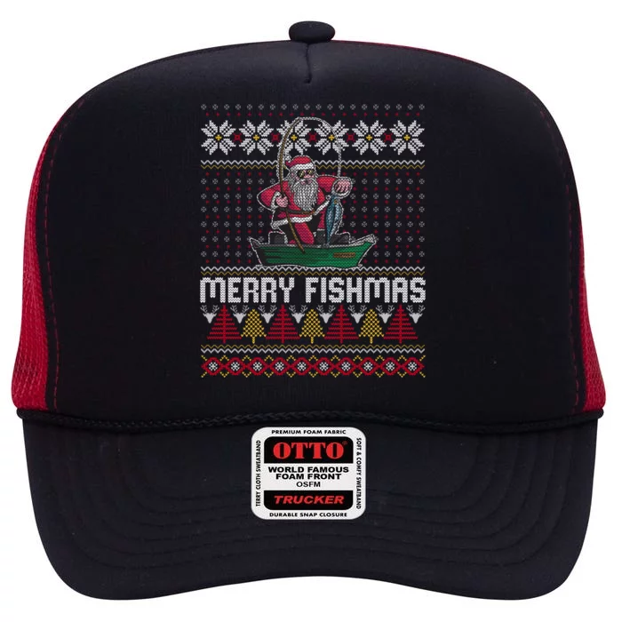 Merry Fishmas Ugly Christmas Design Gift High Crown Mesh Trucker Hat