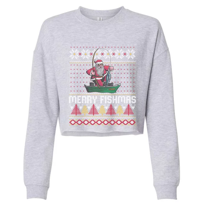 Merry Fishmas Ugly Christmas Design Gift Cropped Pullover Crew