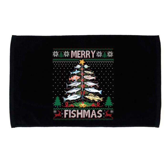 Merry Fishmas Ugly Sweater Fish Fishing Rod Christmas Tree Gift Microfiber Hand Towel