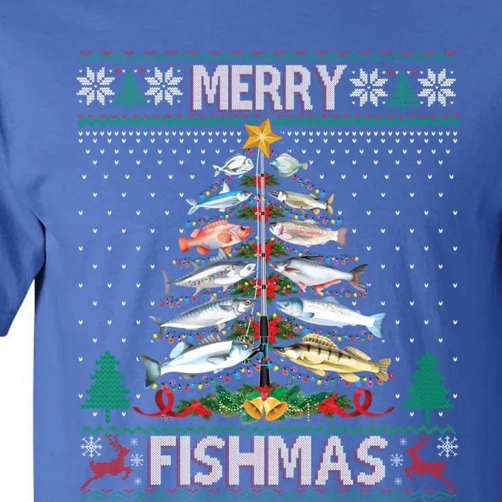 Merry Fishmas Ugly Sweater Fish Fishing Rod Christmas Tree Gift Tall T-Shirt