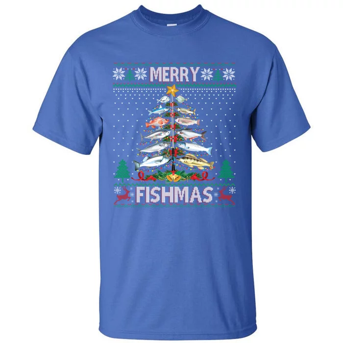 Merry Fishmas Ugly Sweater Fish Fishing Rod Christmas Tree Gift Tall T-Shirt