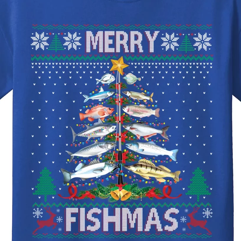 Merry Fishmas Ugly Sweater Fish Fishing Rod Christmas Tree Gift Kids T-Shirt