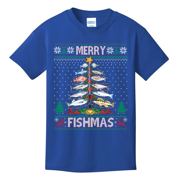 Merry Fishmas Ugly Sweater Fish Fishing Rod Christmas Tree Gift Kids T-Shirt