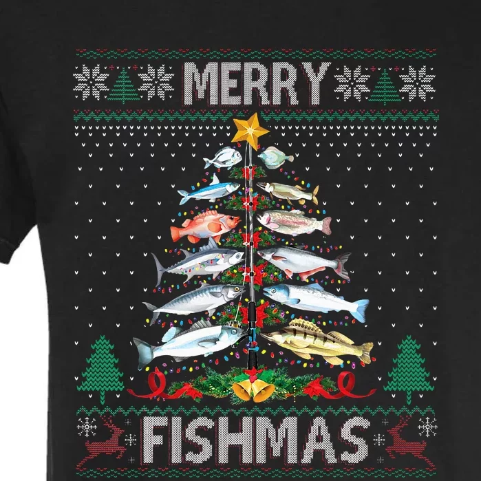 Merry Fishmas Ugly Sweater Fish Fishing Rod Christmas Tree Garment-Dyed Heavyweight T-Shirt