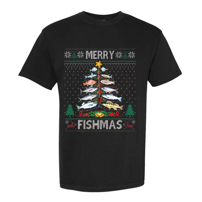 Merry Fishmas Ugly Sweater Fish Fishing Rod Christmas Tree Garment-Dyed Heavyweight T-Shirt