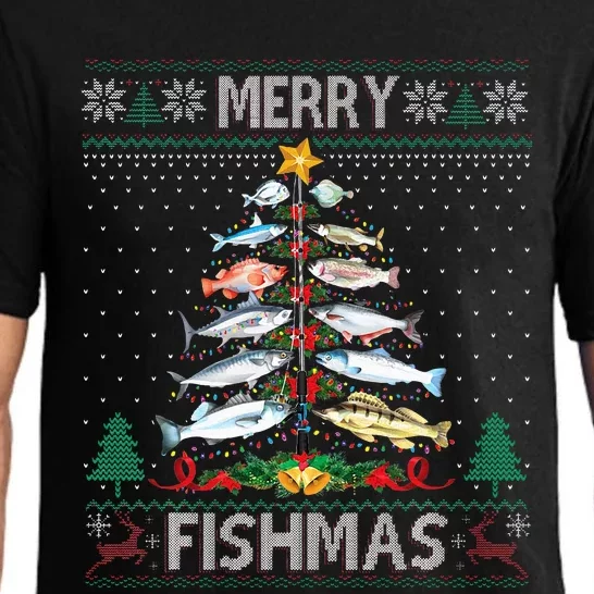 Merry Fishmas Ugly Sweater Fish Fishing Rod Christmas Tree Pajama Set