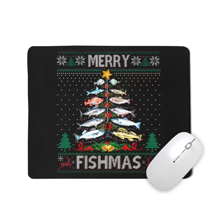 Merry Fishmas Ugly Sweater Fish Fishing Rod Christmas Tree Mousepad