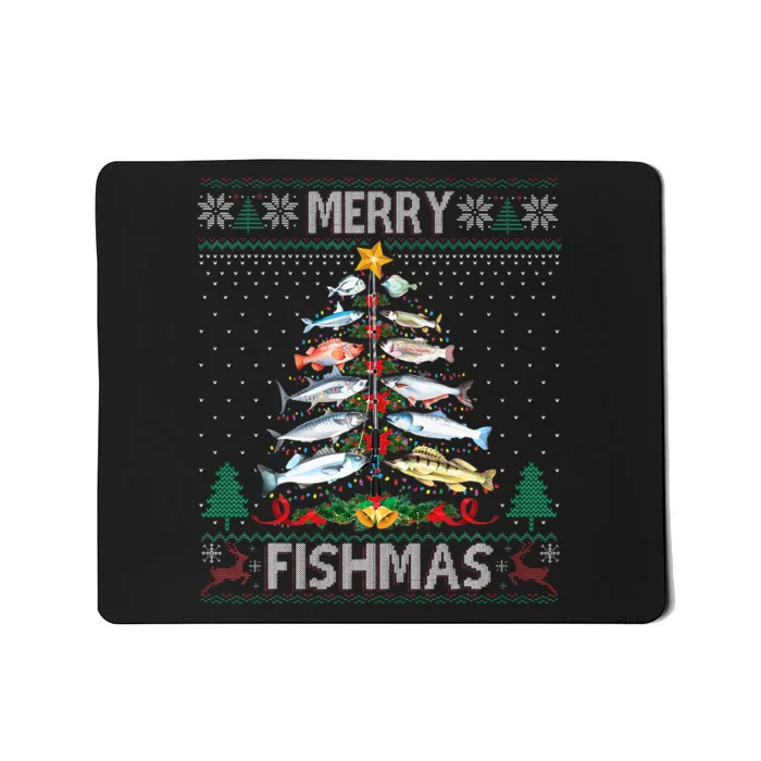 Merry Fishmas Ugly Sweater Fish Fishing Rod Christmas Tree Mousepad