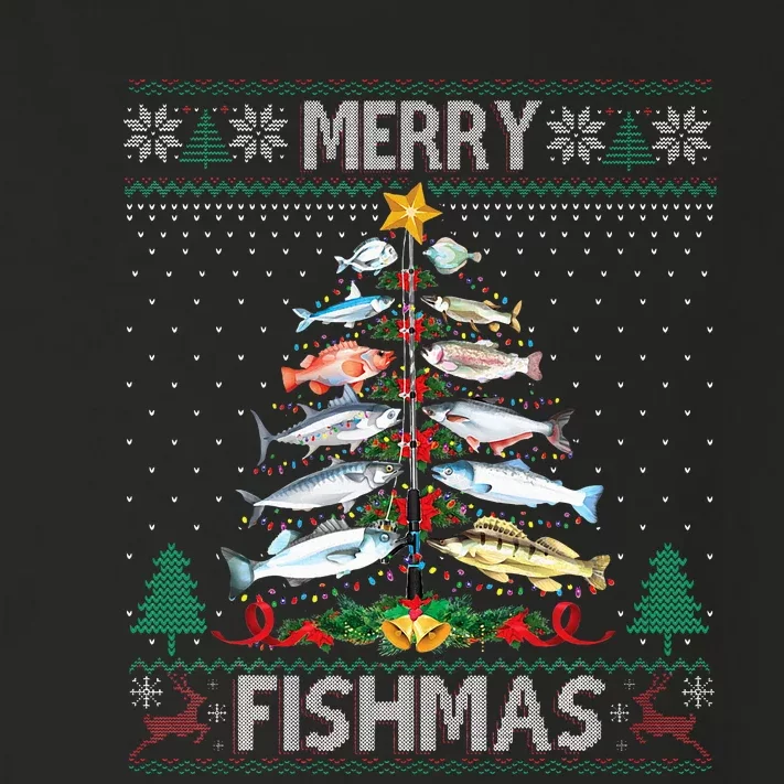 Merry Fishmas Ugly Sweater Fish Fishing Rod Christmas Tree Toddler Long Sleeve Shirt