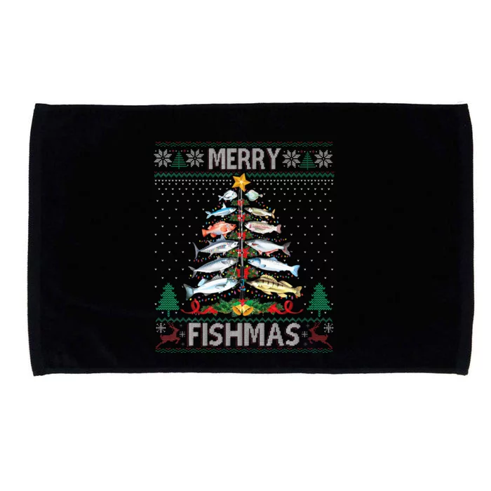 Merry Fishmas Ugly Sweater Fish Fishing Rod Christmas Tree Microfiber Hand Towel