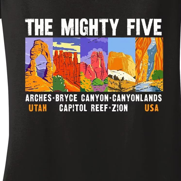 Mighty Five Utah National Parks Distressed Women's V-Neck T-Shirt