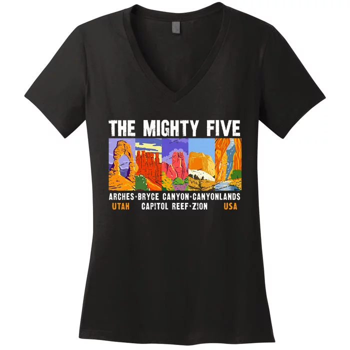 Mighty Five Utah National Parks Distressed Women's V-Neck T-Shirt