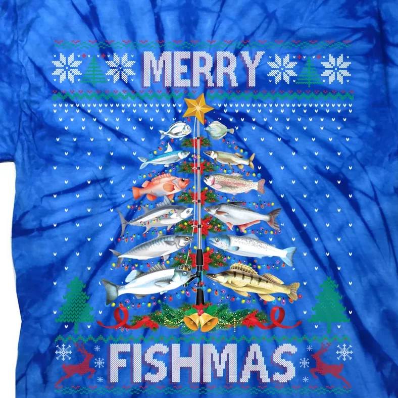 Merry Fishmas Ugly Sweater Fish Fishing Rod Christmas Tree Gift Tie-Dye T-Shirt