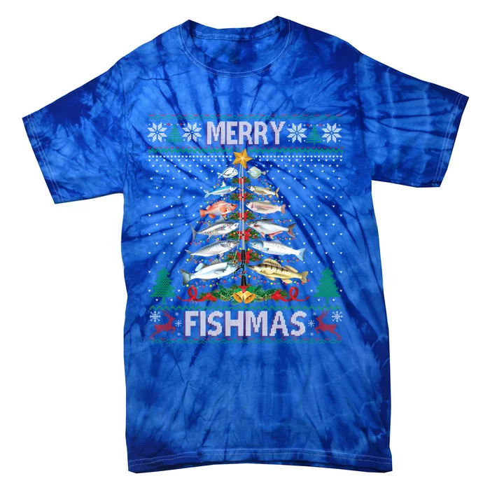 Merry Fishmas Ugly Sweater Fish Fishing Rod Christmas Tree Gift Tie-Dye T-Shirt