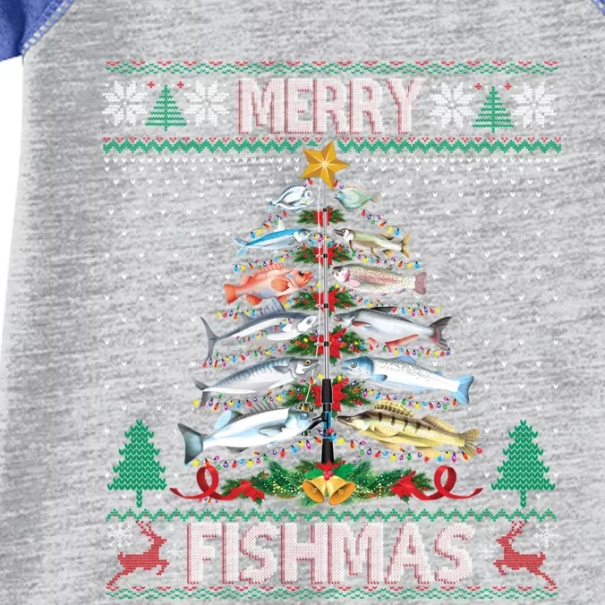 Merry Fishmas Ugly Sweater Fish Fishing Rod Christmas Tree Gift Infant Baby Jersey Bodysuit