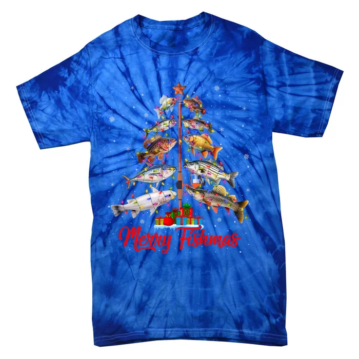 Merry Fishmas Ugly Xmas Lights Fish Fishing Christmas Tree Gift Tie-Dye T-Shirt